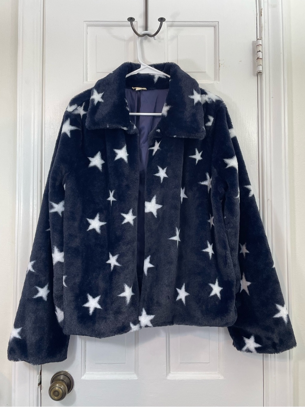 Hem & Thread Navy Faux Fur White Star Print Teddy Coat | Size Large